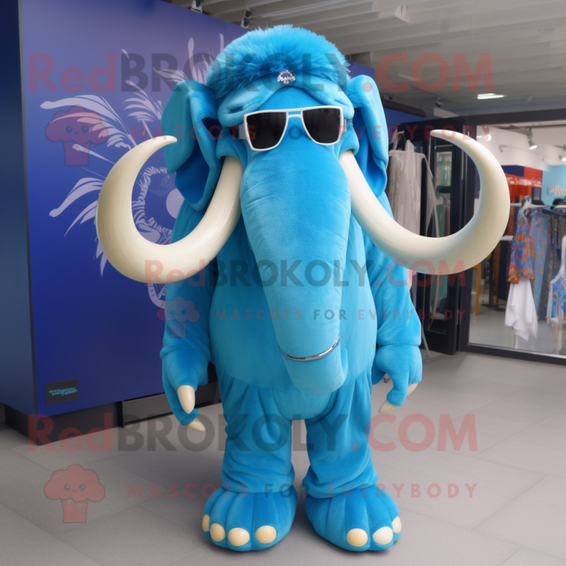 Blue Mammoth mascot costume character dressed with a Sheath Dress and Sunglasses