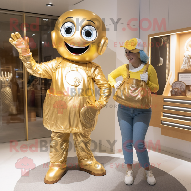 Gold Plate Spinner mascot costume character dressed with a Mom Jeans and Tote bags Gold Plate Spinner mascot costume character dressed with a Mom Jeans and Tote bags