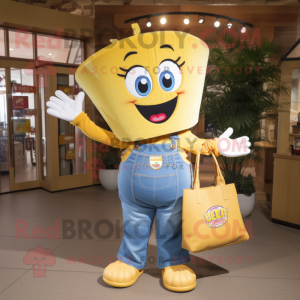 Gold Plate Spinner mascot costume character dressed with a Mom Jeans and Tote bags