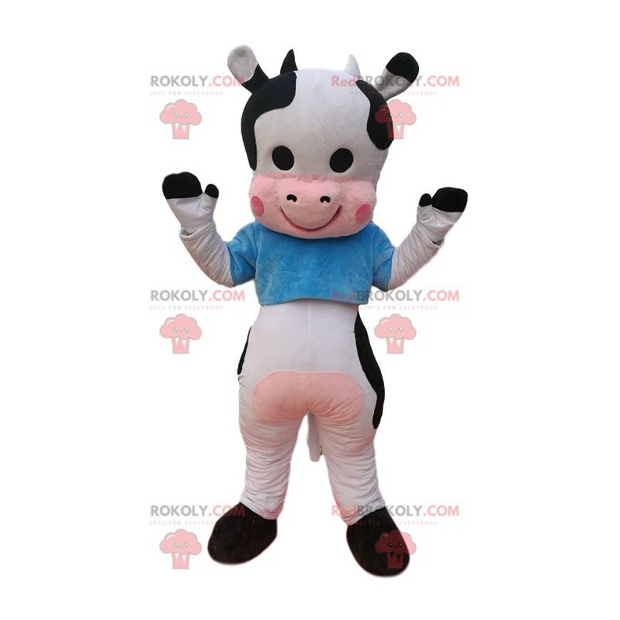 Mascote vaca preto e branco com uma camisa azul - Redbrokoly.com