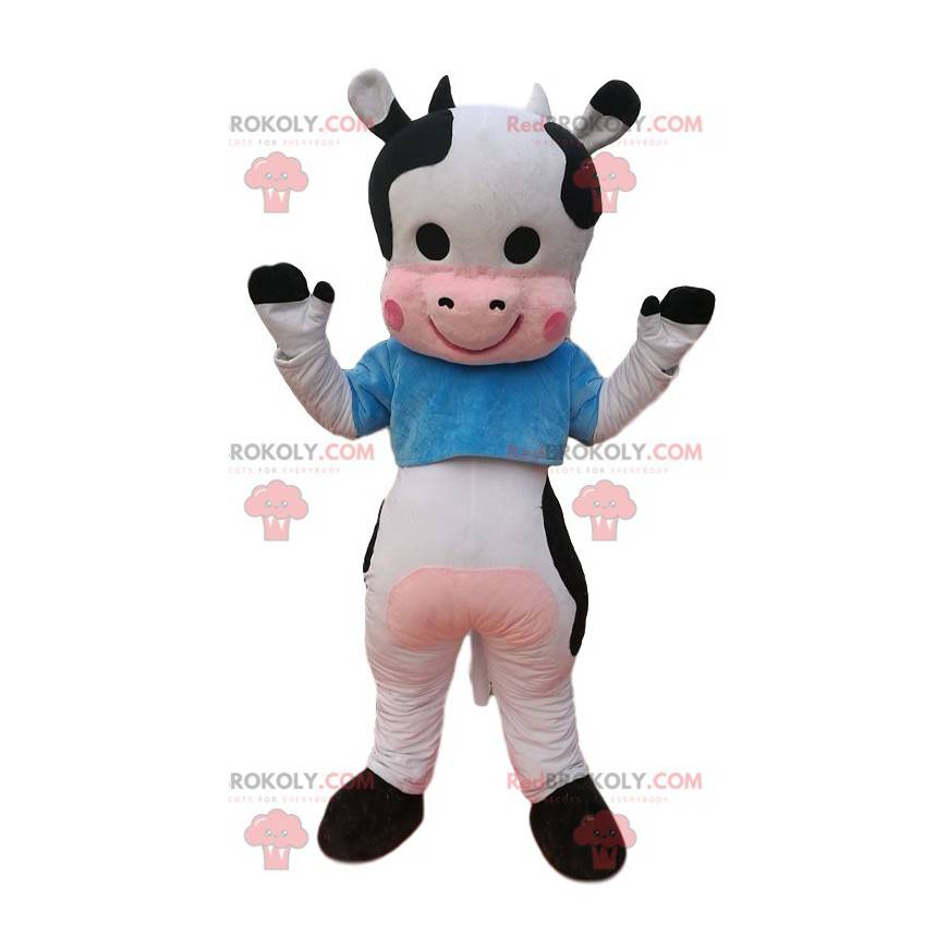 Zwart-witte koe mascotte met een blauwe trui - Redbrokoly.com