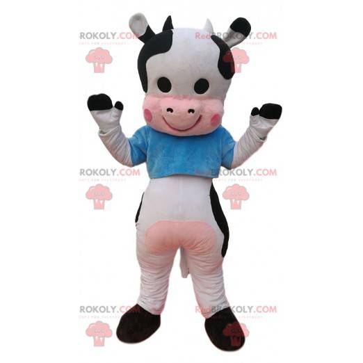 Mascote vaca preto e branco com uma camisa azul - Redbrokoly.com