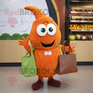 Orange Zucchini mascot costume character dressed with a Coat and Tote bags