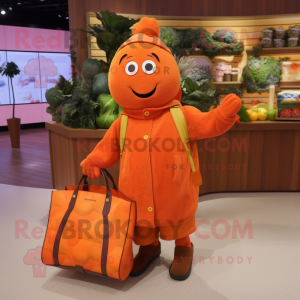 Orange Zucchini mascot costume character dressed with a Coat and Tote bags