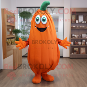 Orange Zucchini mascot costume character dressed with a Coat and Tote bags