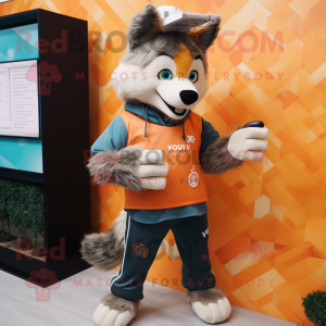Orange Say Wolf mascot costume character dressed with a Cardigan and Smartwatches