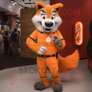 Orange Say Wolf mascot costume character dressed with a Cardigan and Smartwatches