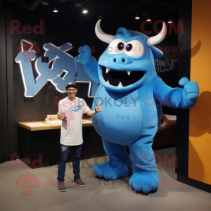 Blue Steak mascot costume character dressed with a Graphic Tee and Watches