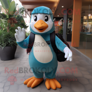 Teal Penguin mascot costume character dressed with a Cargo Pants and Wraps