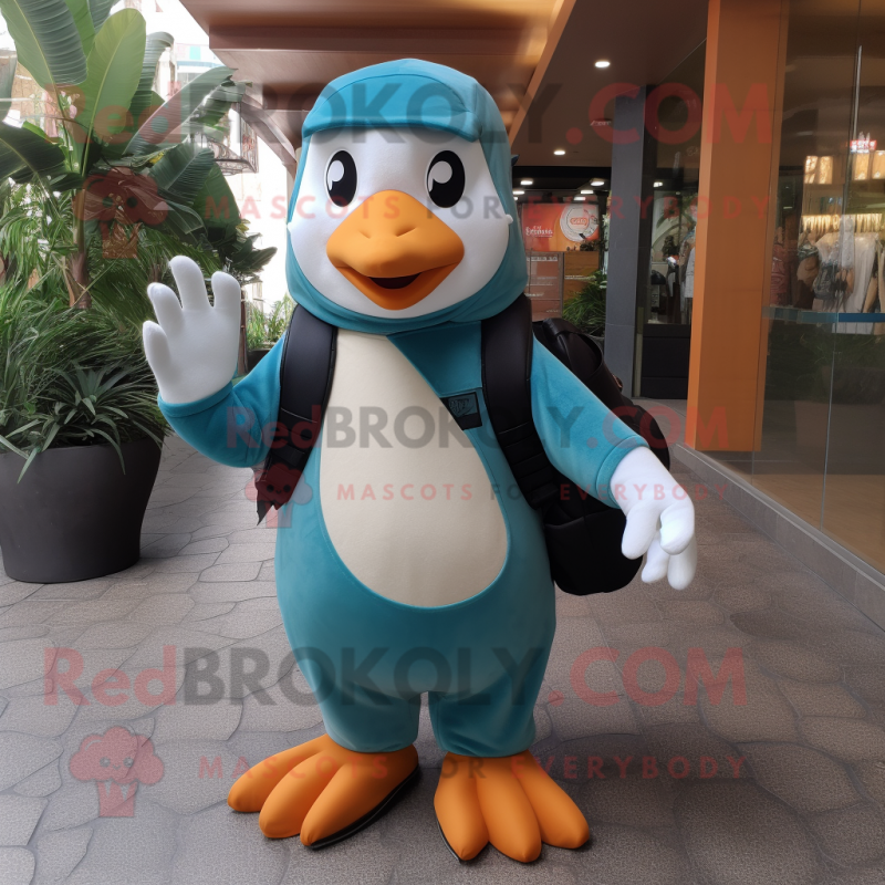 Teal Penguin mascot costume character dressed with a Cargo Pants and Wraps Teal Penguin mascot costume character dressed with a Cargo Pants and Wraps