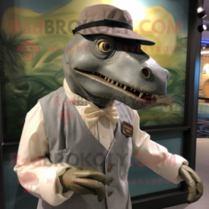 Gray Iguanodon mascot costume character dressed with a Dress Shirt and Hat pins