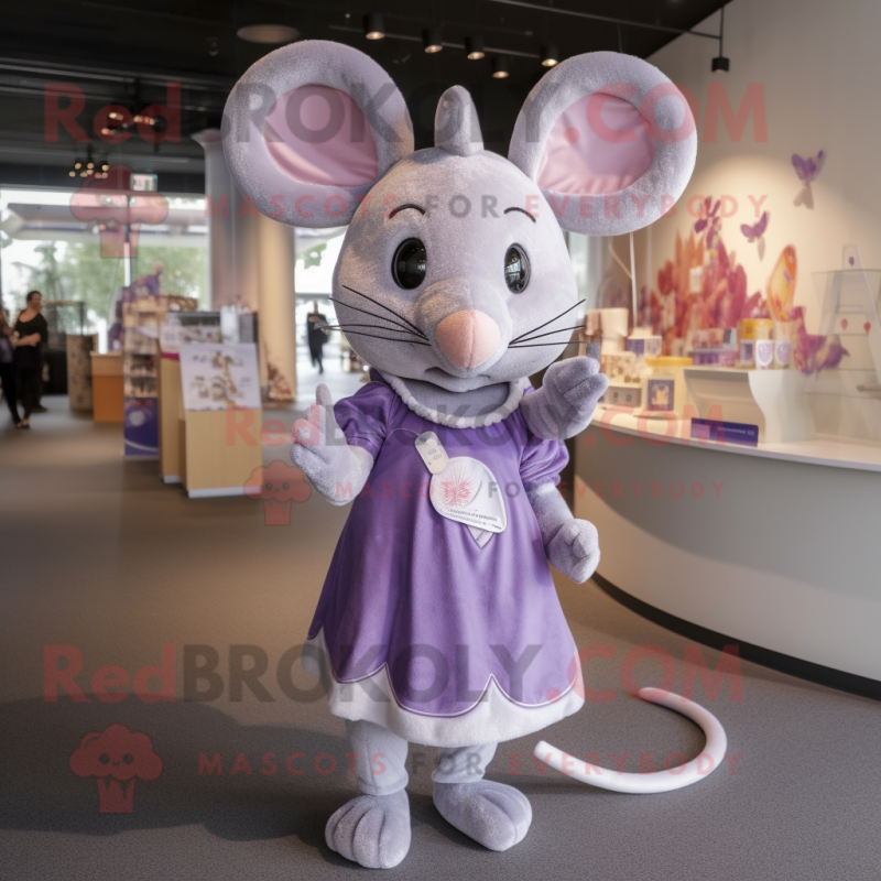 Lavender Mouse mascot costume character dressed with a Wrap Skirt and Keychains Lavender Mouse mascot costume character dressed with a Wrap Skirt and Keychains