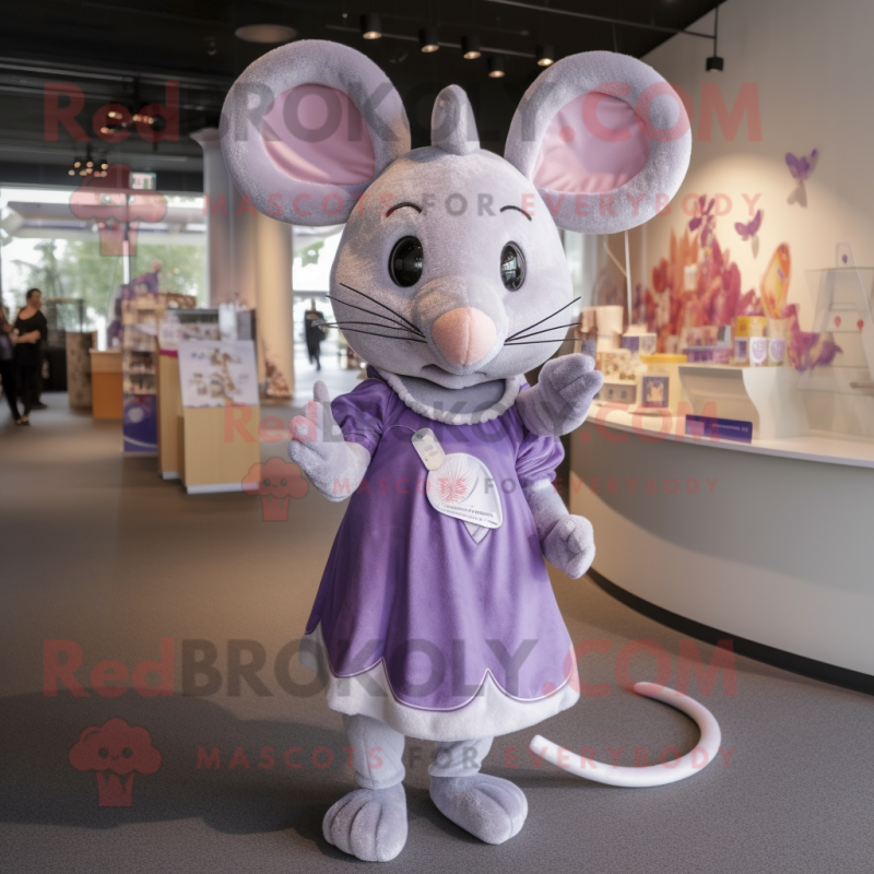 Lavender Mouse mascot costume character dressed with a Wrap Skirt and Keychains