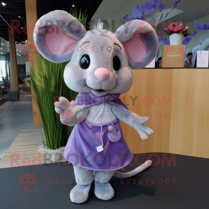 Lavender Mouse mascot costume character dressed with a Wrap Skirt and Keychains