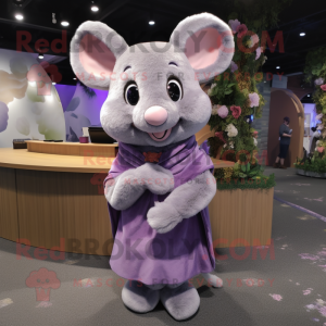 Lavender Mouse mascot costume character dressed with a Wrap Skirt and Keychains