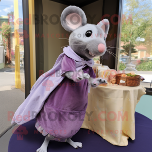 Lavender Mouse mascot costume character dressed with a Wrap Skirt and Keychains