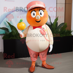 Peach Champagne mascot costume character dressed with a Rash Guard and Tie pins