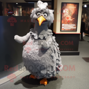 Gray Chicken mascot costume character dressed with a Ball Gown and Lapel pins