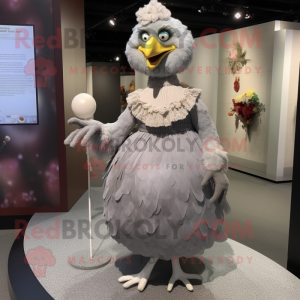 Gray Chicken mascot costume character dressed with a Ball Gown and Lapel pins