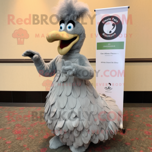 Gray Chicken mascot costume character dressed with a Ball Gown and Lapel pins