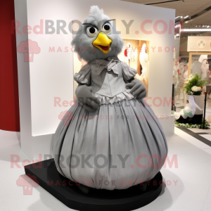 Gray Chicken mascot costume character dressed with a Ball Gown and Lapel pins