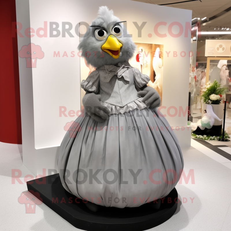Gray Chicken mascot costume character dressed with a Ball Gown and Lapel pins Gray Chicken mascot costume character dressed with a Ball Gown and Lapel pins