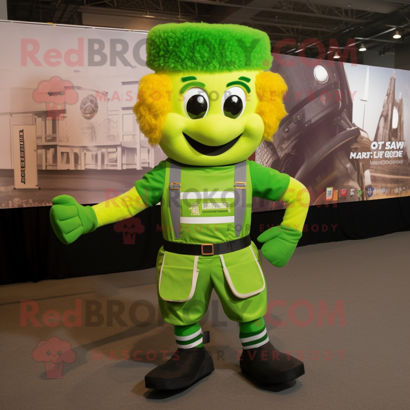 Lime Green Irish Dancer mascot costume character dressed with a Cargo Shorts and Messenger bags