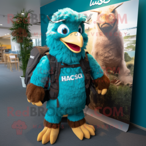 Turquoise Haast'S Eagle mascot costume character dressed with a Rugby Shirt and Backpacks