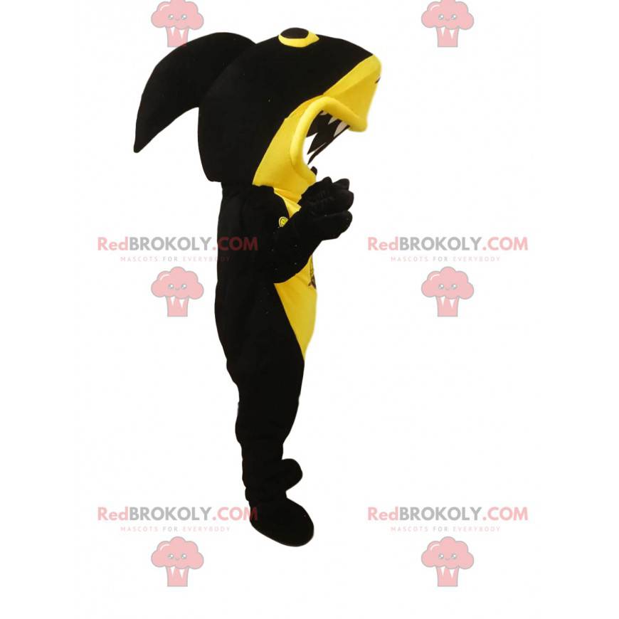 Mascot zwarte en gele haai met een enorme kaak - Redbrokoly.com