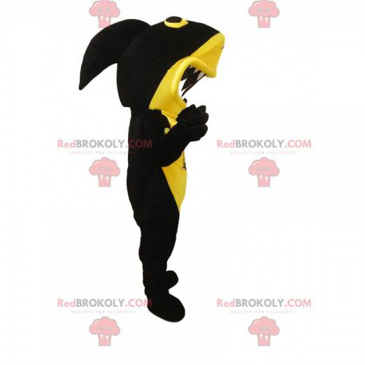 Maskot svart og gul hai med en enorm kjeve - Redbrokoly.com