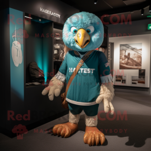 Turquoise Haast'S Eagle mascot costume character dressed with a Rugby Shirt and Backpacks