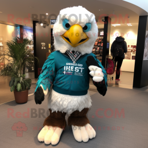 Turquoise Haast'S Eagle mascot costume character dressed with a Rugby Shirt and Backpacks