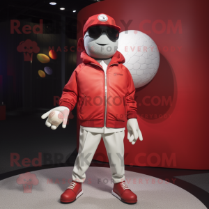 Red Golf Ball mascot costume character dressed with a Bomber Jacket and Hats