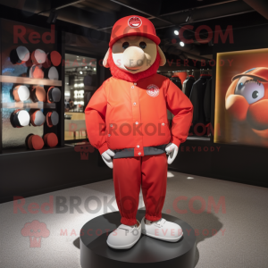 Red Golf Ball mascot costume character dressed with a Bomber Jacket and Hats