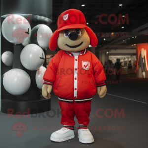 Red Golf Ball mascot costume character dressed with a Bomber Jacket and Hats