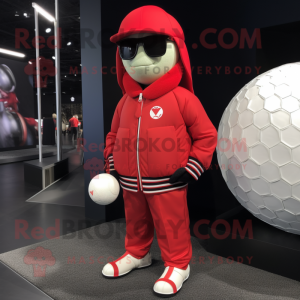 Red Golf Ball mascot costume character dressed with a Bomber Jacket and Hats