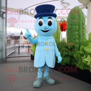 Sky Blue Celery mascot costume character dressed with a Suit Pants and Berets