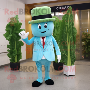 Sky Blue Celery mascot costume character dressed with a Suit Pants and Berets