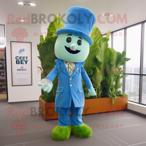 Sky Blue Celery mascot costume character dressed with a Suit Pants and Berets