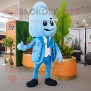 Sky Blue Celery mascot costume character dressed with a Suit Pants and Berets