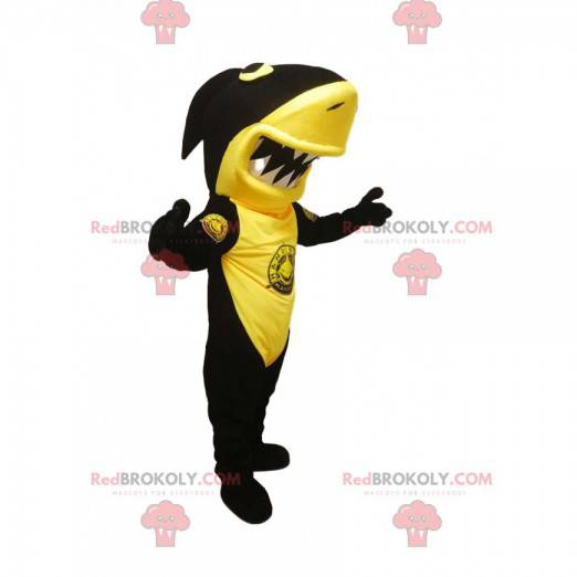 Mascot zwarte en gele haai met een enorme kaak - Redbrokoly.com