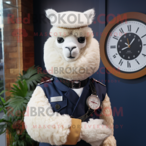 Navy Alpaca mascot costume character dressed with a Waistcoat and Smartwatches