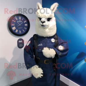 Navy Alpaca mascot costume character dressed with a Waistcoat and Smartwatches