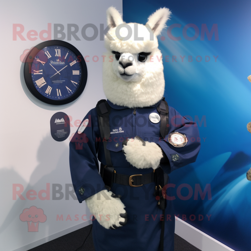 Navy Alpaca mascot costume character dressed with a Waistcoat and Smartwatches Navy Alpaca mascot costume character dressed with a Waistcoat and Smartwatches