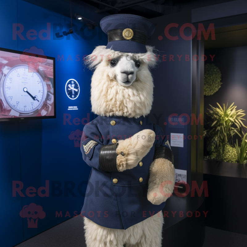 Navy Alpaca mascot costume character dressed with a Waistcoat and Smartwatches