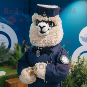 Navy Alpaca mascot costume character dressed with a Waistcoat and Smartwatches