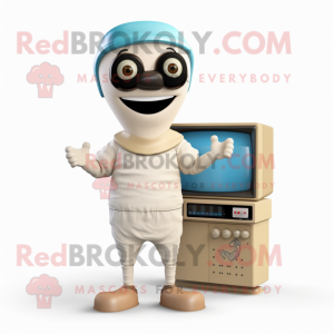 Beige Television mascot costume character dressed with a Rash Guard and Beanies