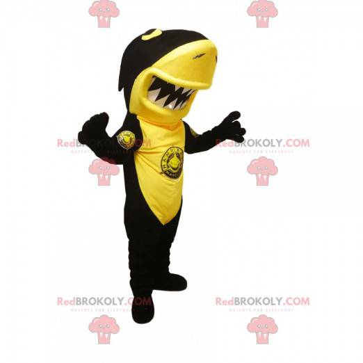 Mascot tiburón negro y amarillo con una enorme mandíbula -