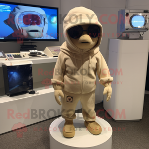 Beige Television mascot costume character dressed with a Rash Guard and Beanies