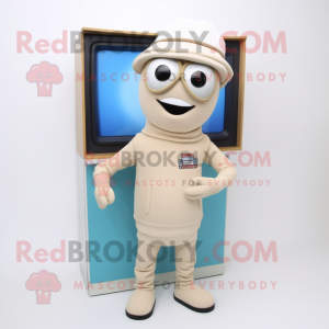 Beige Television mascot costume character dressed with a Rash Guard and Beanies